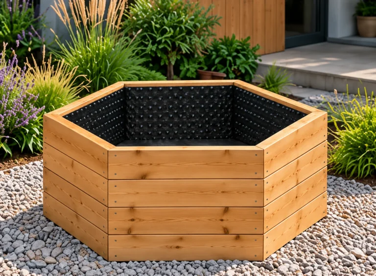 Šesťhranný vyvýšený záhon zo smreku 100 × 55 cm s nopovou fóliou a geotextíliou
