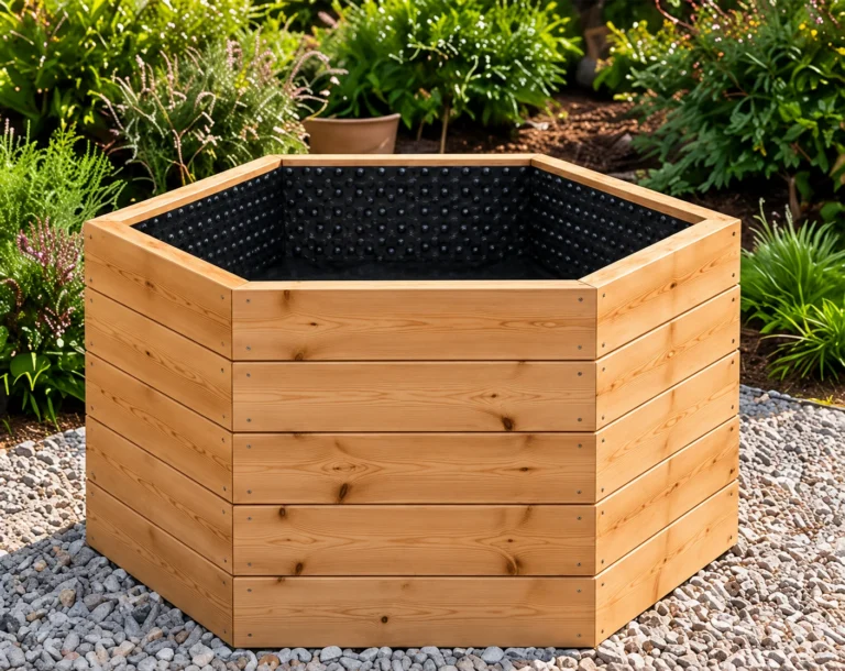 Šesťhranný vyvýšený záhon zo smreku 120 × 68 cm s nopovou fóliou a geotextíliou