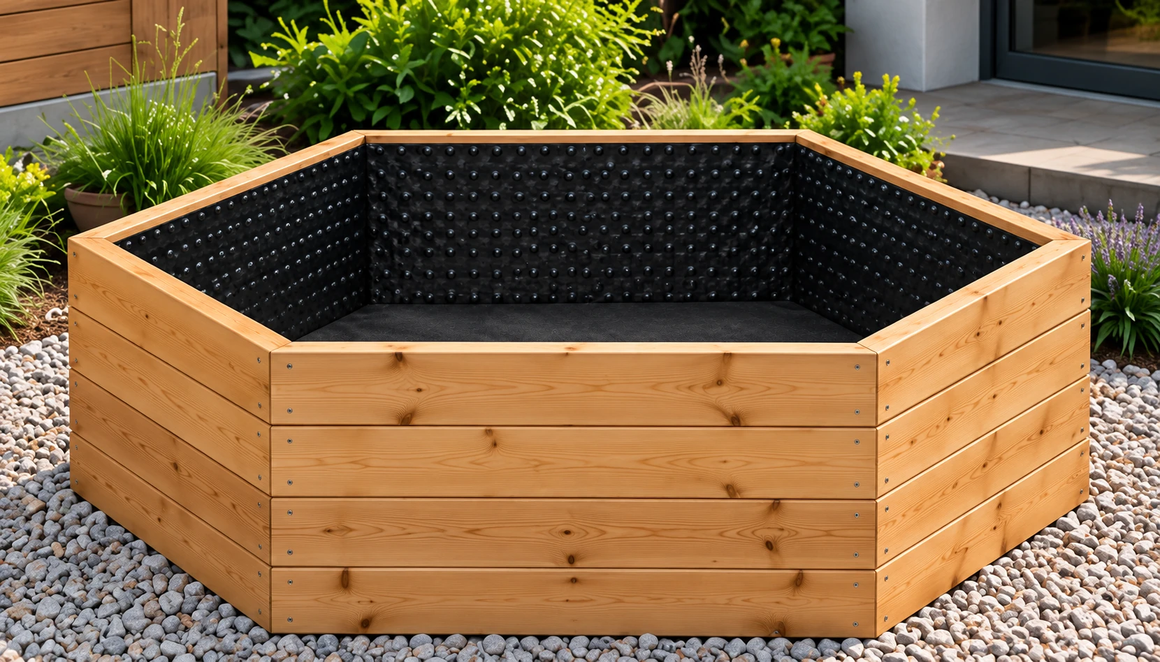 Šesťhranný vyvýšený záhon zo smreku 150 × 55 cm s nopovou fóliou a geotextíliou