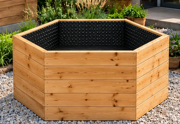 Šesťhranný vyvýšený záhon zo smreku 150 × 68 cm s nopovou fóliou a geotextíliou